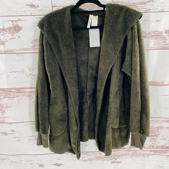 NWT Forgotten Grace by Nordstrom Faux Shearling Hooded Front Cardigan Green M - Picture 6 of 9
